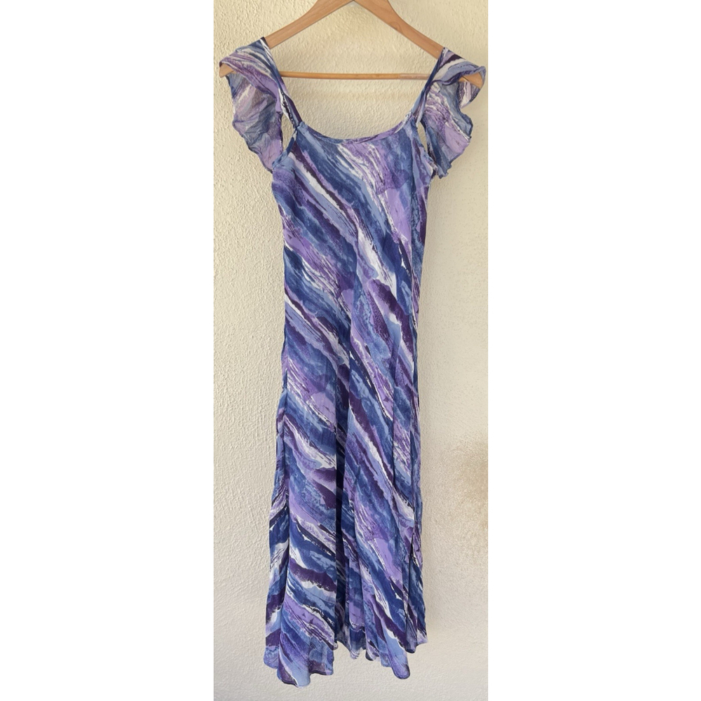 VTG Y2K Hot Date Purple Abstract Midi Dress 2XS Flutter Sleeve Fairy Romantic